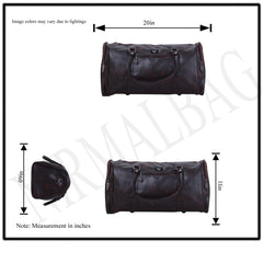 A dark brown, leather-like duffel bag sits on a light brown wooden surface