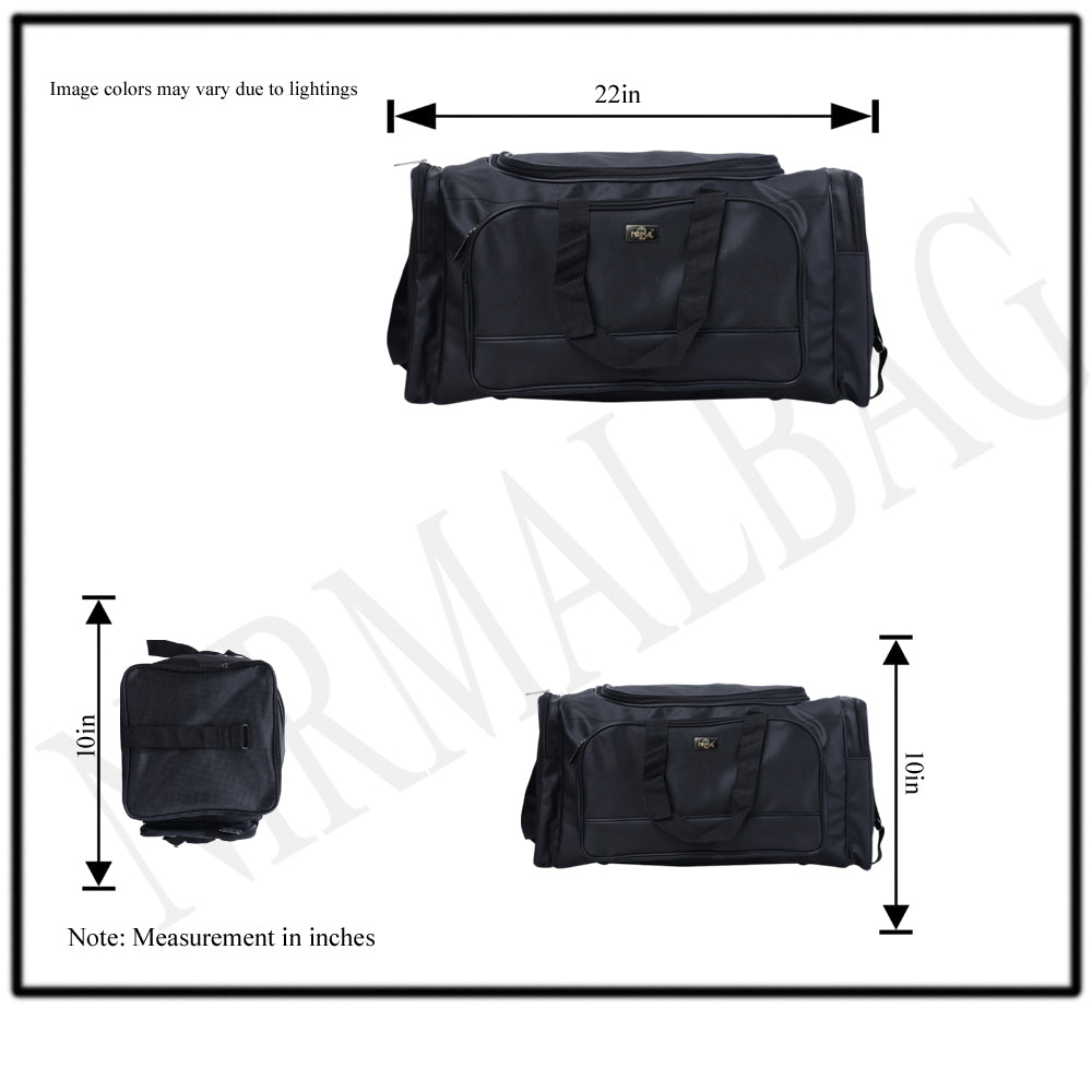 A black duffel bag is centered in the image.