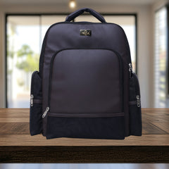 A full-front view of a dark brown backpack.