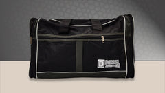 A black duffel bag is centered in the image.