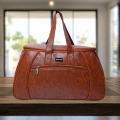 A medium-sized, light brown duffel bag is shown