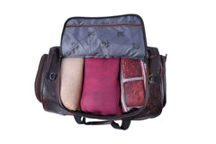 A full-shot of a brown duffel bag
