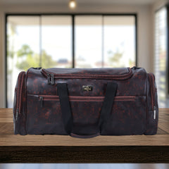A full-shot of a brown duffel bag