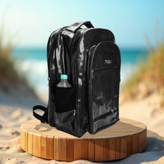 A black backpack is centered on a white background.