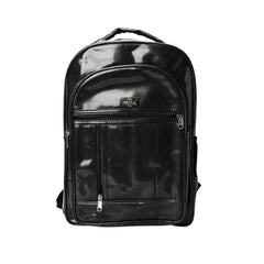 A black backpack is centered on a white background.