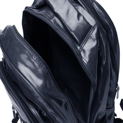 A black backpack is centered on a white background.