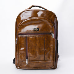 A full shot of a brown leather-like backpack.