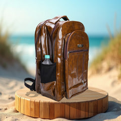 A full shot of a brown leather-like backpack.