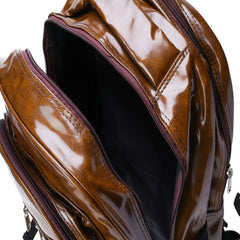 A full shot of a brown leather-like backpack.