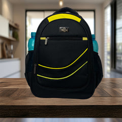 A black backpack with yellow accents.