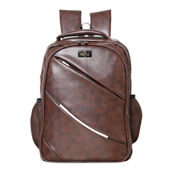 A full-front view of a brown leather-like backpack.