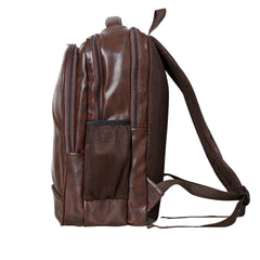A full-front view of a brown leather-like backpack.