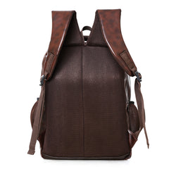 A full-front view of a brown leather-like backpack.