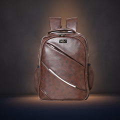 A full-front view of a brown leather-like backpack.
