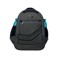 A gray backpack is centered on a white background