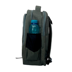 A gray backpack is centered on a white background