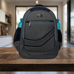 A gray backpack is centered on a white background