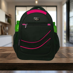 A black backpack with Pink accents.