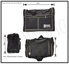 A black duffel bag is centered in the image.