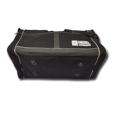 A black duffel bag is centered in the image.