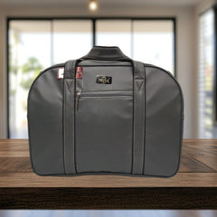 A dark gray or charcoal-colored duffel bag.