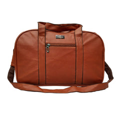 A full shot of a medium-sized, light brown duffel bag.