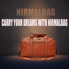 A full shot of a medium-sized, light brown duffel bag.