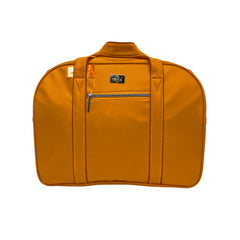 A mustard-yellow or golden-orange duffel bag is pictured.