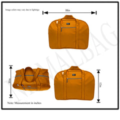 A mustard-yellow or golden-orange duffel bag is pictured.