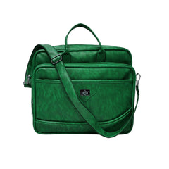A bright emerald green laptop bag is presented.