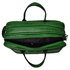 A bright emerald green laptop bag is presented.