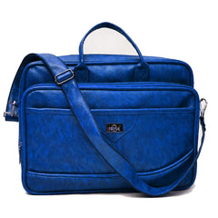 A full-shot of a royal-blue laptop bag.