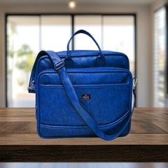 A full-shot of a royal-blue laptop bag.