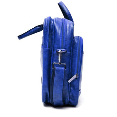 A full-shot of a royal-blue laptop bag.