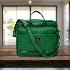 A bright emerald green laptop bag is presented.