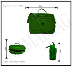 A bright emerald green laptop bag is presented.