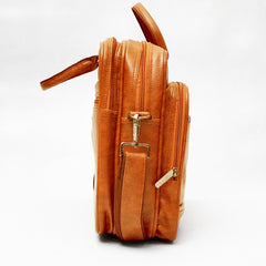 A light brown leather-like laptop bag