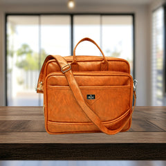 A light brown leather-like laptop bag