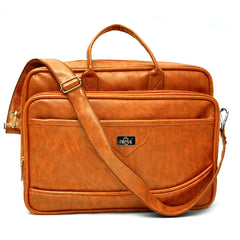 A light brown leather-like laptop bag