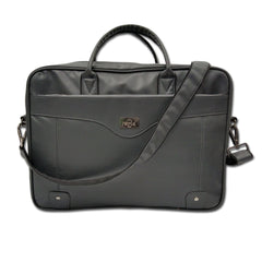 A full shot of a dark gray or black laptop bag.