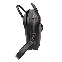 A full shot of a dark gray or black laptop bag.