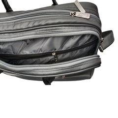 A full shot of a dark gray or black laptop bag.