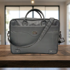 A full shot of a dark gray or black laptop bag.
