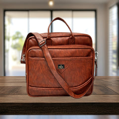 A full shot of a brown leather-like laptop bag or briefcase.