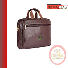 A dark-brown leather laptop bag is shown.