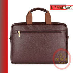 A dark-brown leather laptop bag is shown.