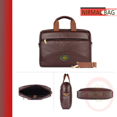 A dark-brown leather laptop bag is shown.