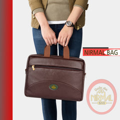 A dark-brown leather laptop bag is shown.