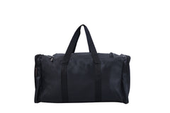 A black duffel bag is centered in the image.