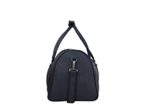 A black, duffel-style travel bag